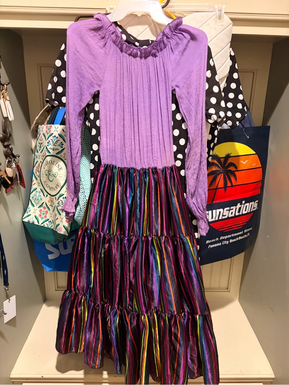Purple Long-Sleeve Top with Multicolor Tiered Stripe Skirt